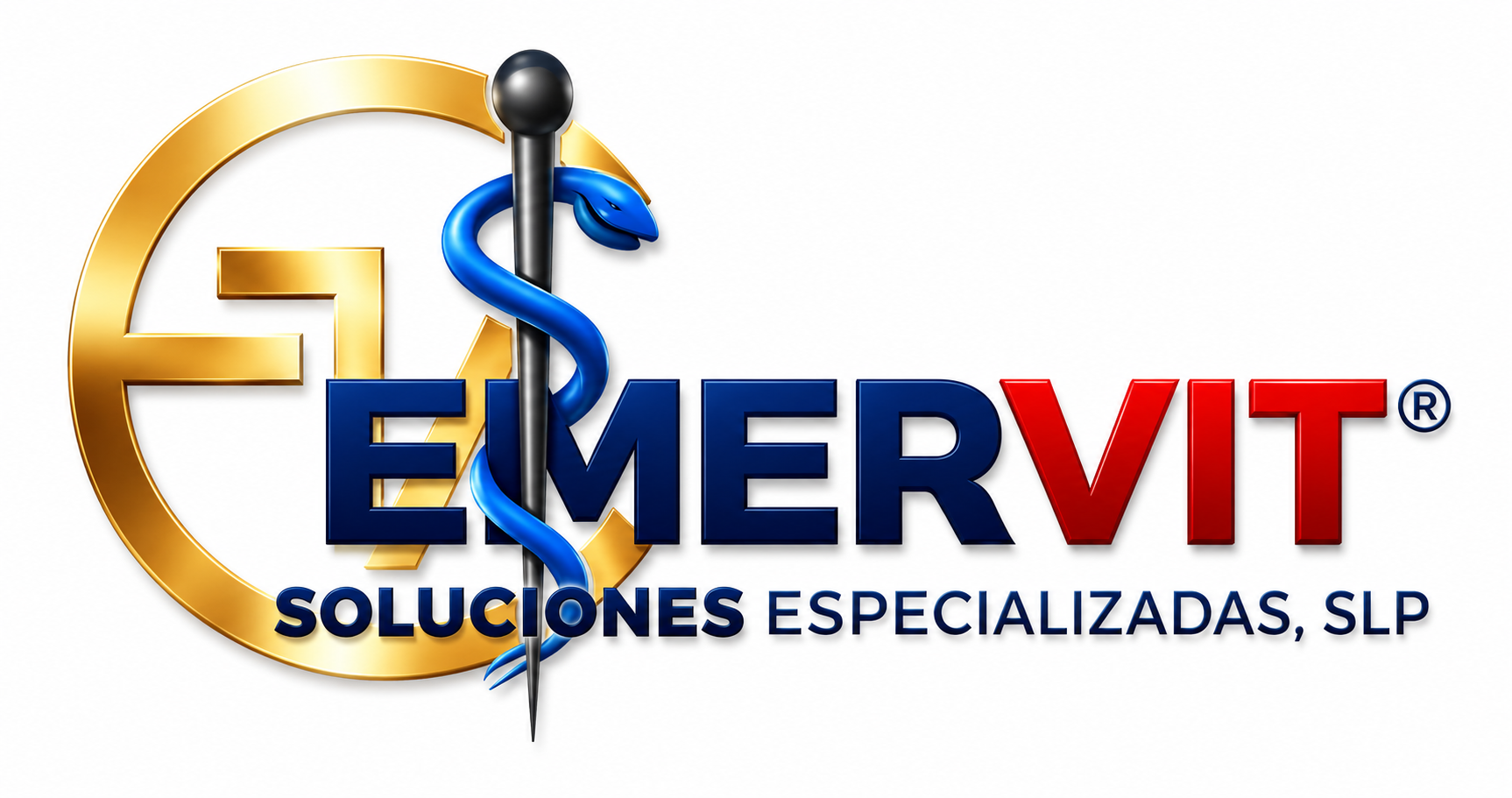 Logotipo de EMERVIT con símbolo dorado, serpiente azul y texto “SOLUCIONES ESPECIALIZADAS, SLP” sobre fondo blanco.